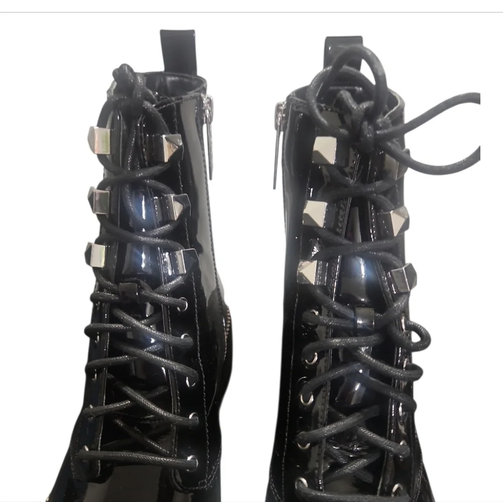 NWT Michael Kors Haskell Black Patent Leather Combat Boots Zipper Trim 8.5